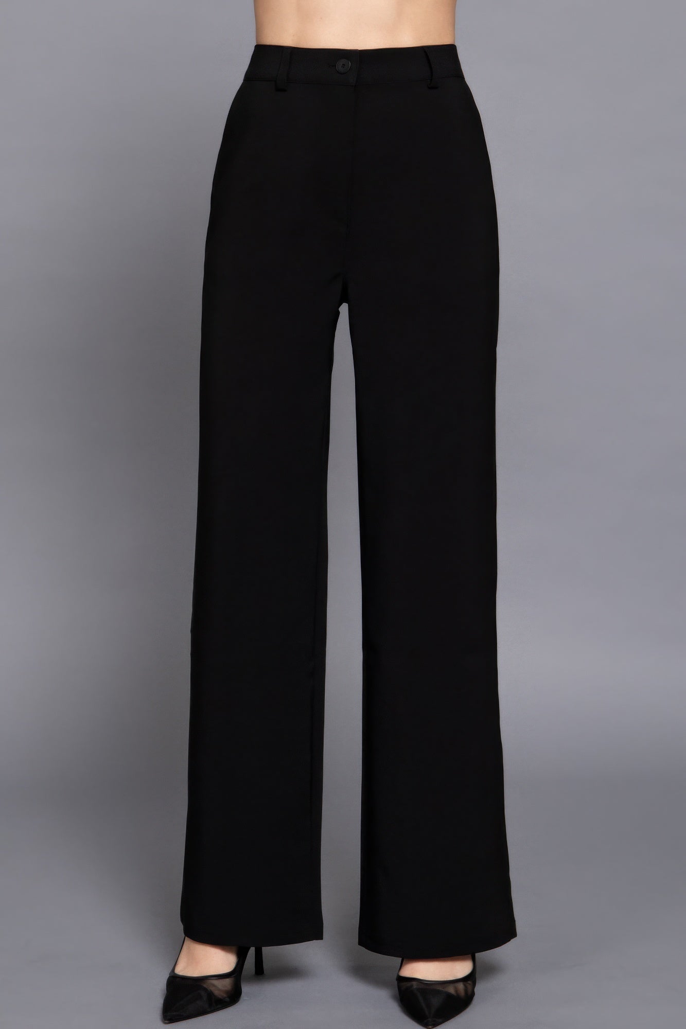 Back elastic straight woven long pants in black, featuring a flattering straight-leg silhouette for stylish comfort.