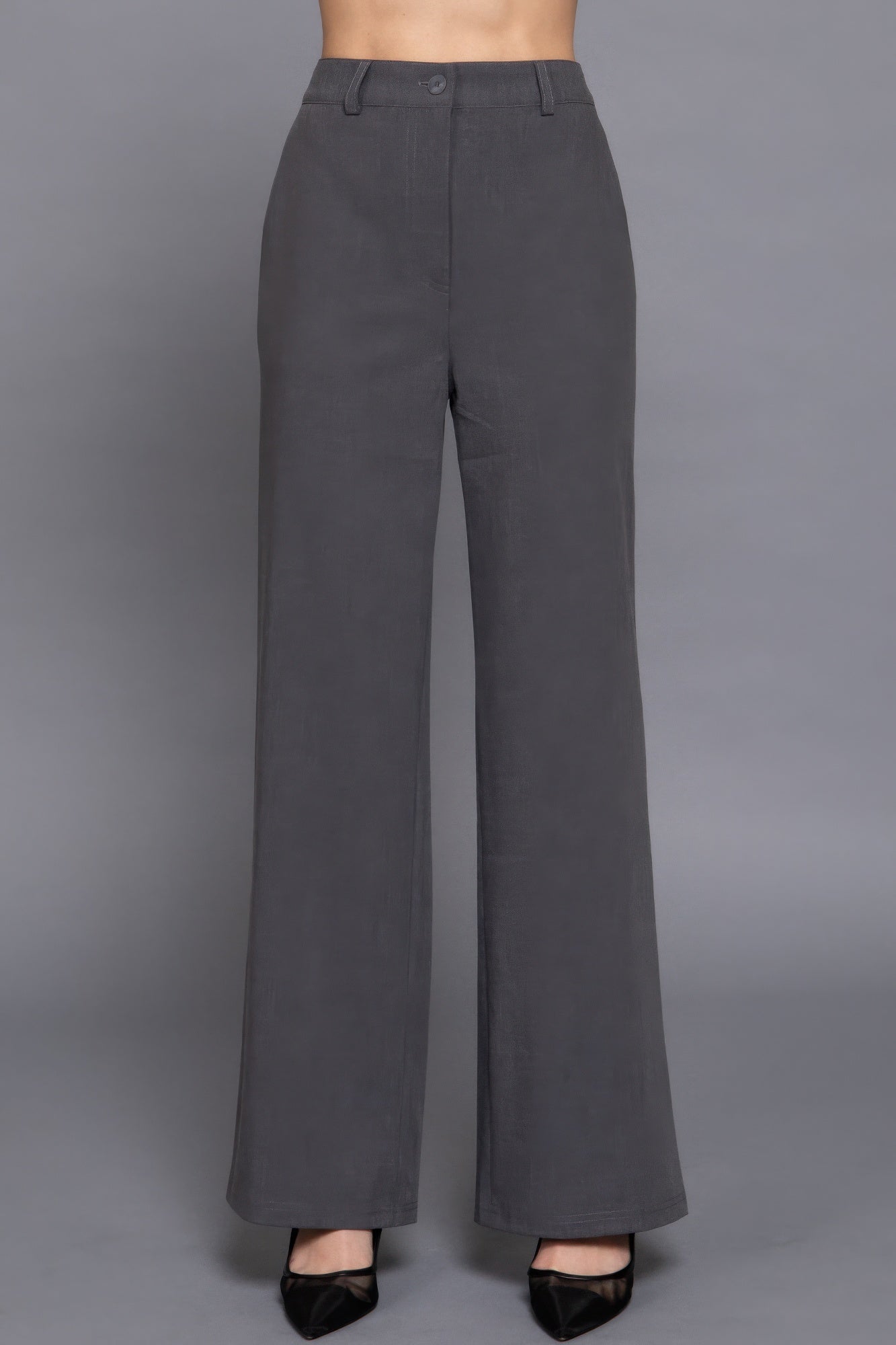 Back elastic straight-woven long pants in gray, featuring a flattering straight-leg silhouette and comfortable fit.