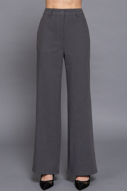 Back elastic straight-woven long pants in gray, featuring a flattering straight-leg silhouette and comfortable fit.