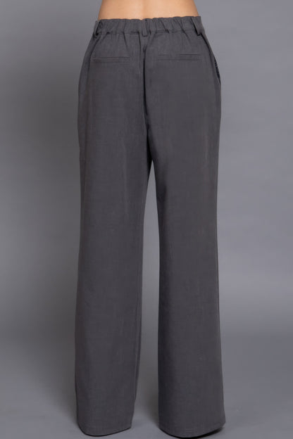 Back elastic straight-woven long pants in grey with a comfortable fit and timeless silhouette. Perfect for everyday style.