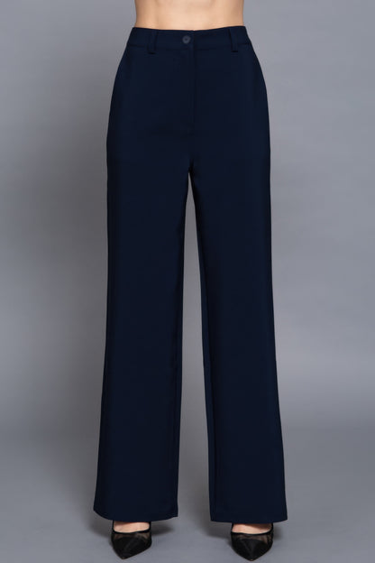 Back elastic straight woven long pants in navy, featuring a flattering straight-leg silhouette and comfortable fit.