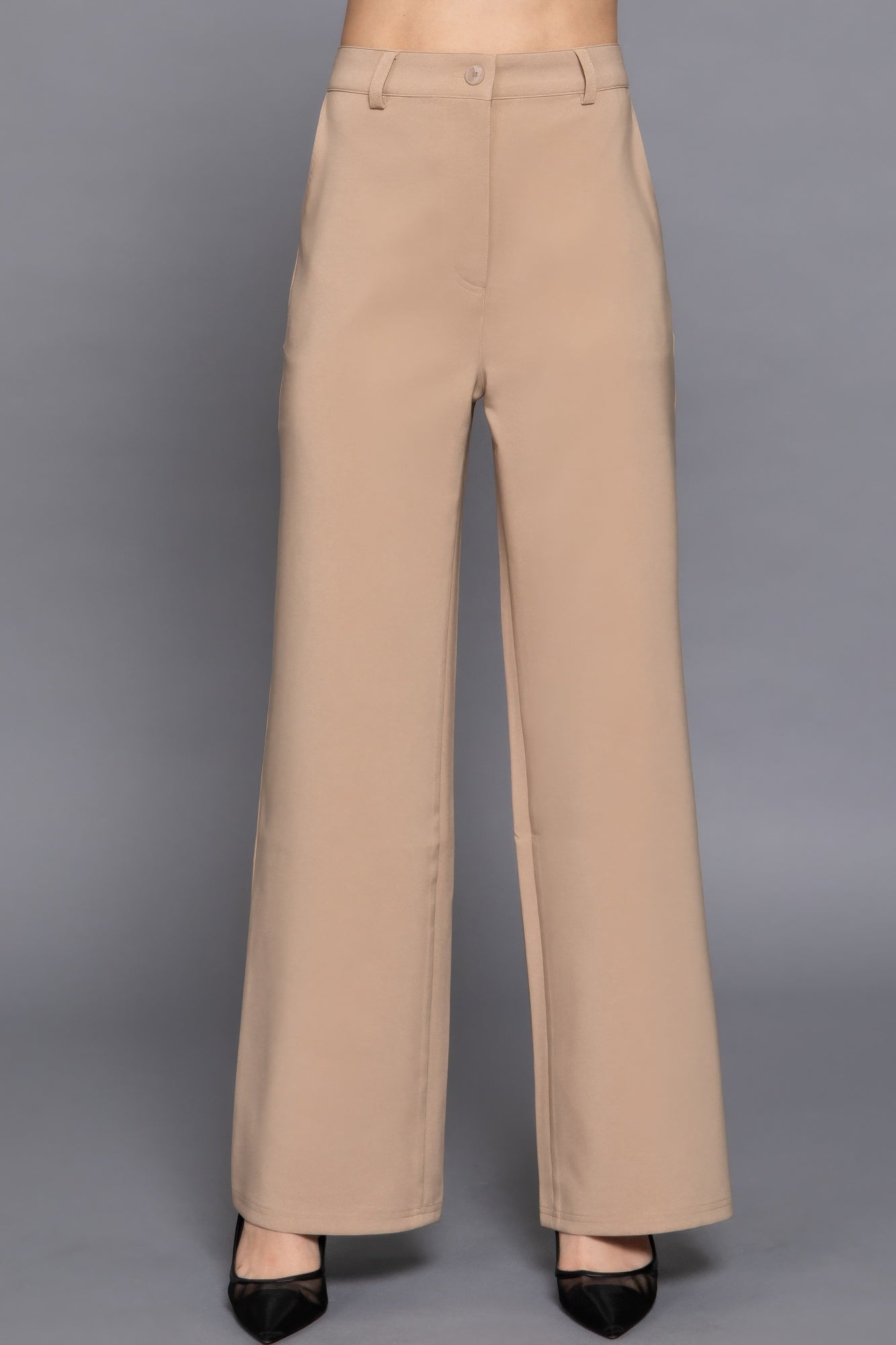 Back elastic straight woven long pants in beige, featuring a flattering straight-leg silhouette and comfortable fit. Loveitclothing.com