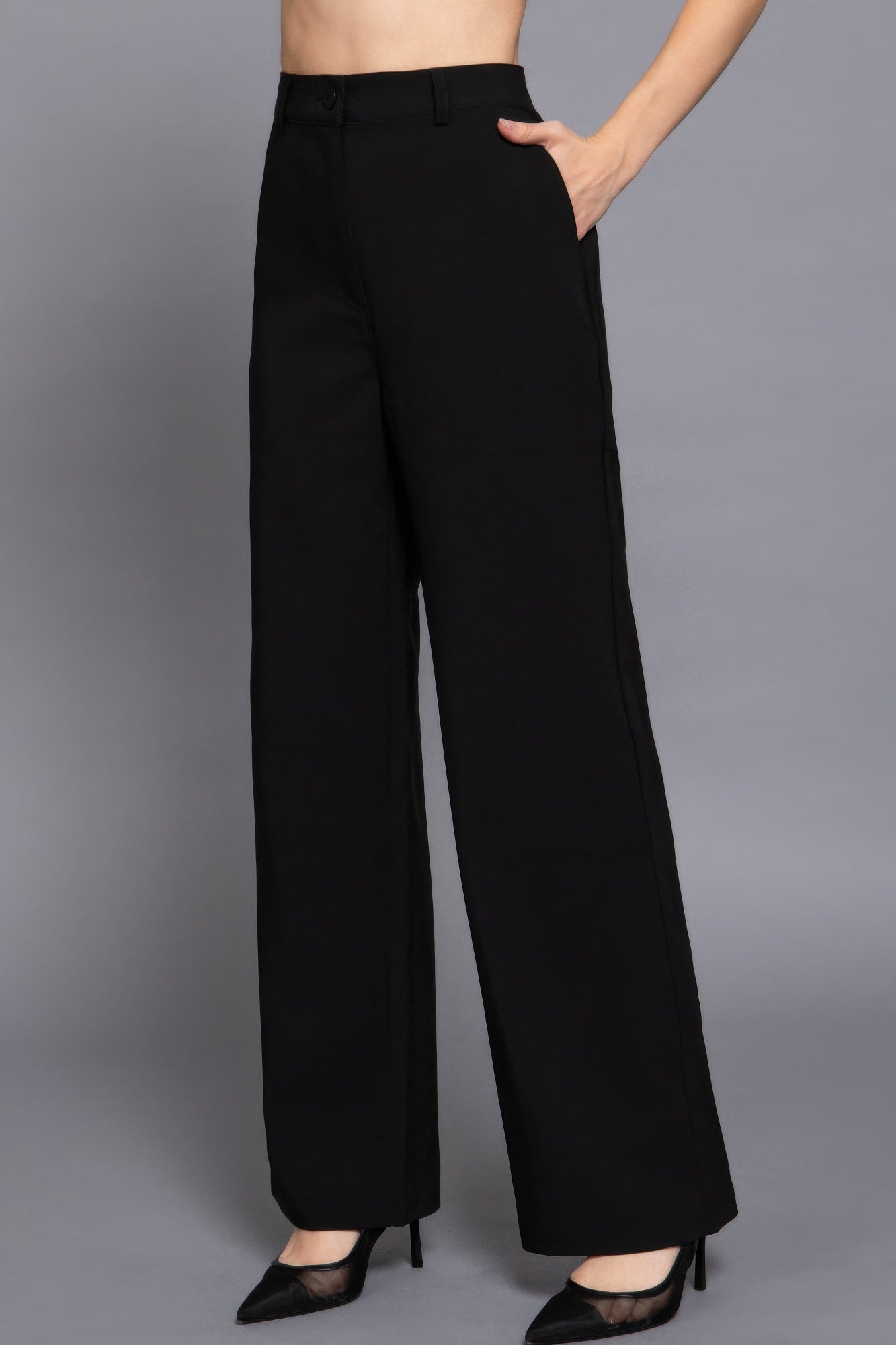 Back elastic straight woven long pants in black with a tailored fit, perfect for stylish everyday wear.