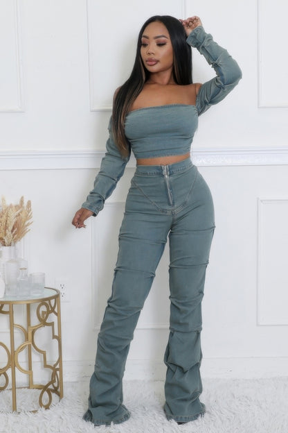 Denim Off The Shoulder Stretch Pant Set