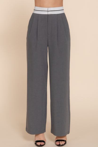 Contrast Waistband Straight Long Pants