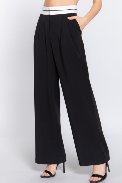 Contrast Waistband Straight Long Pants