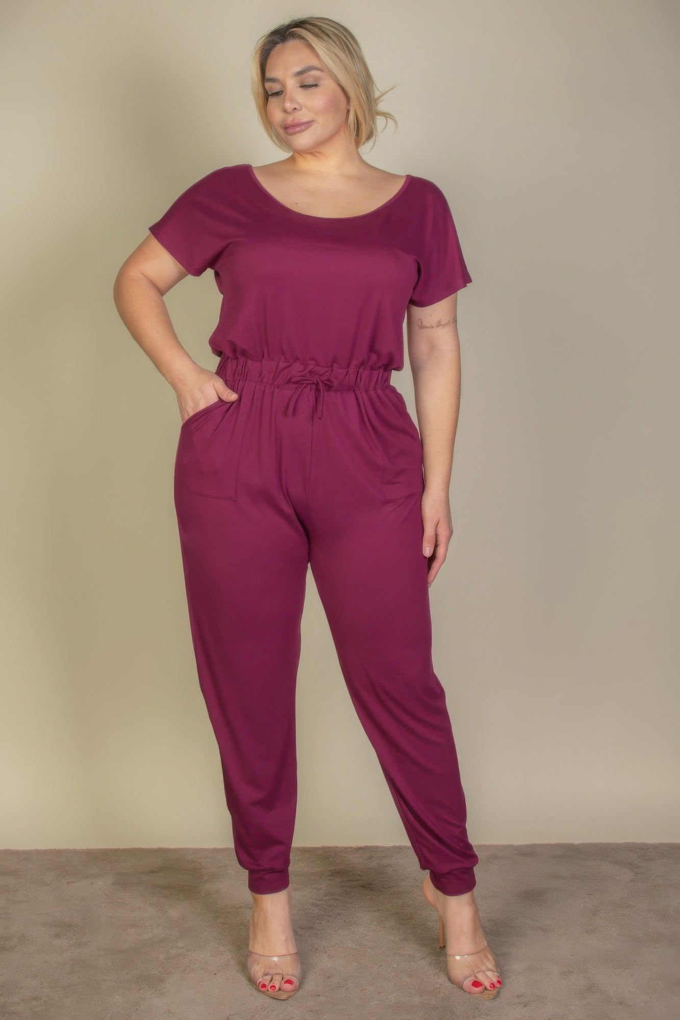 Plus Size Solid Drawstring Short Sleeve Jumpsuit