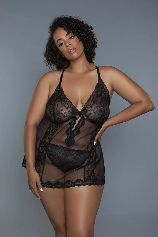 2 Pc Unlined Lace Cups Babydoll Sheer Mesh And Lace Front Panels Design-57212.1XL-Select Size: 1XL-Love It Clothing