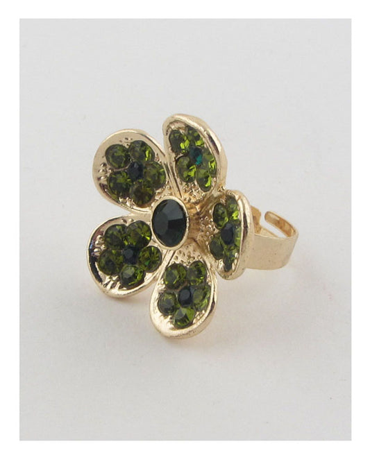 Flower rhinestone adjustable ring-25491.Green--Love It Clothing