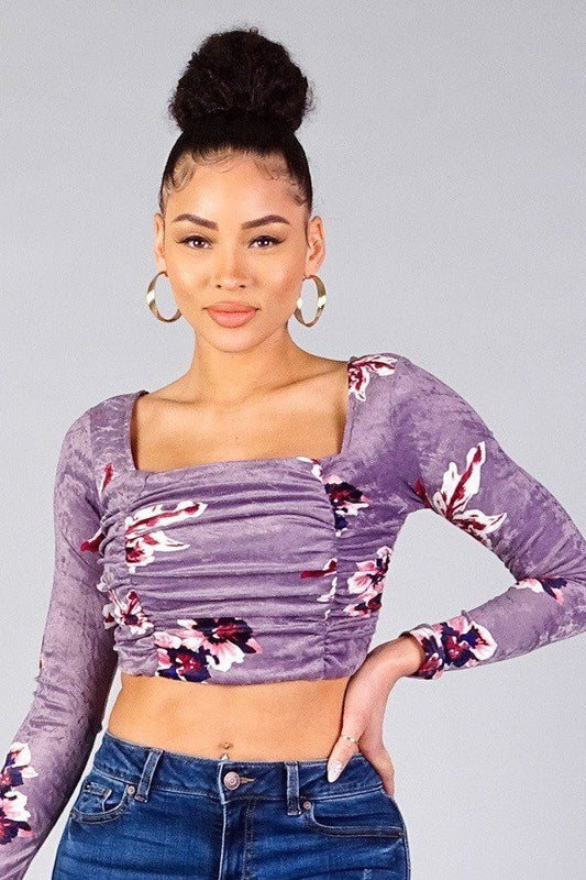 Ruched Velvet Floral Back Tie Crop Top-40336.S-Select Size: S-Love It Clothing