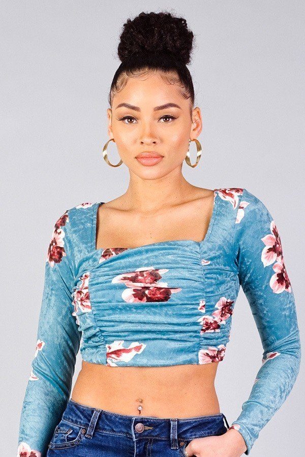 Ruched Velvet Floral Back Tie Crop Top-40336a.S-Select Size: S-Love It Clothing