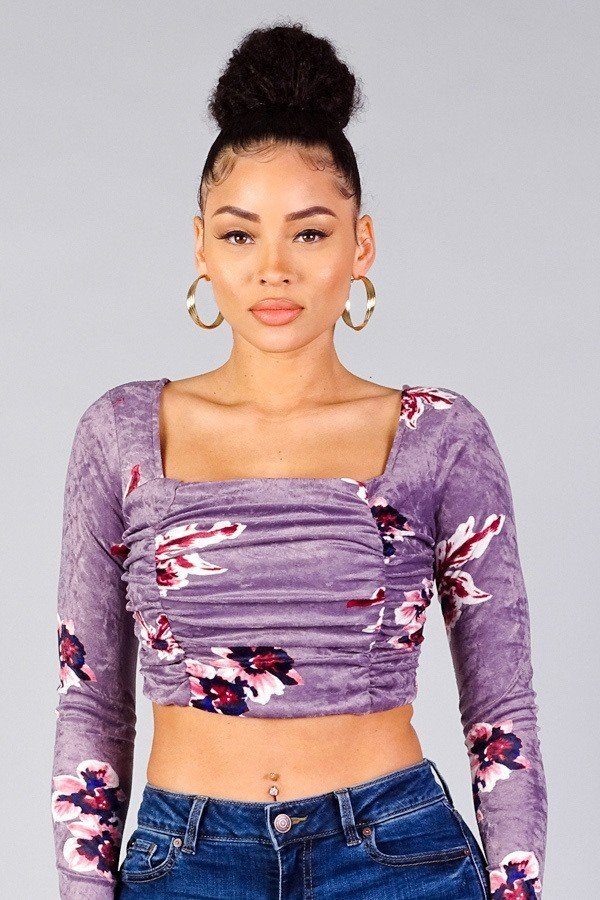 Ruched Velvet Floral Back Tie Crop Top-40336.S-Select Size: S, M, L-Love It Clothing