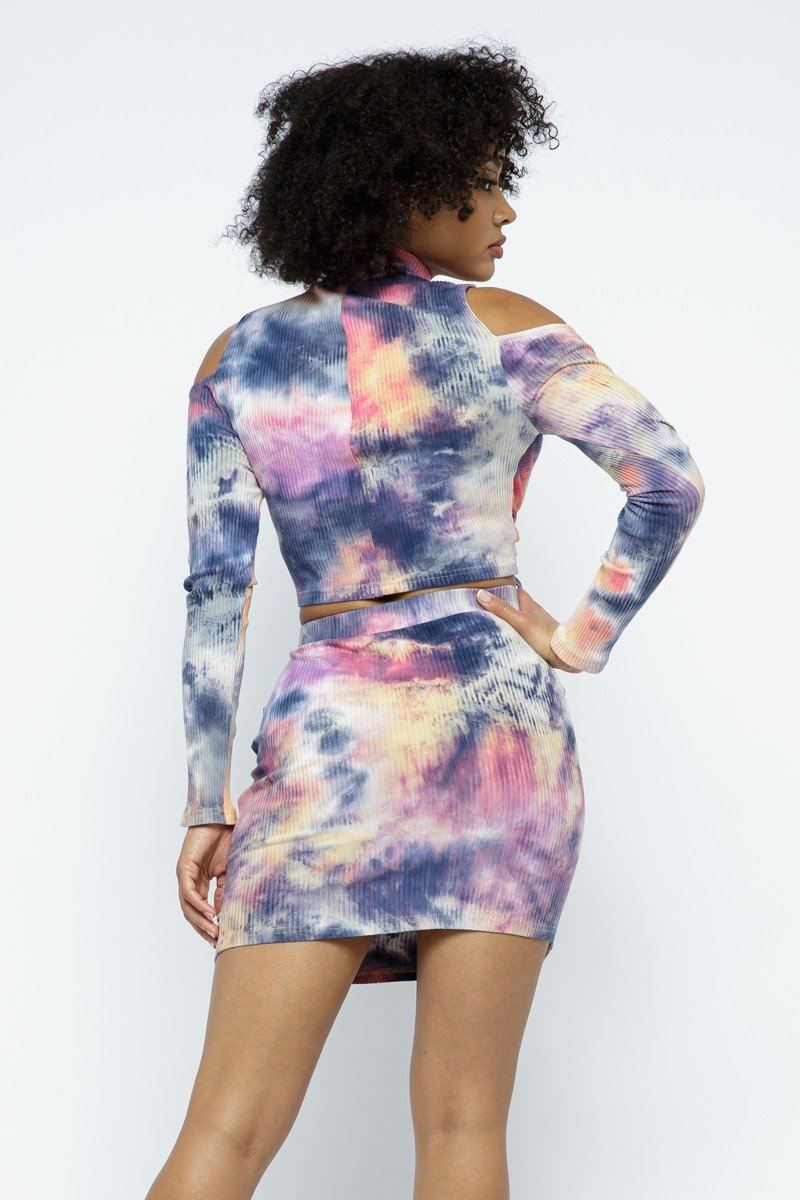 Tie Dye Open Shoulder Long Sleeve Top And Matching Skirt W Ruching Details-52921a.S-Select Size: S, M, L-Love It Clothing