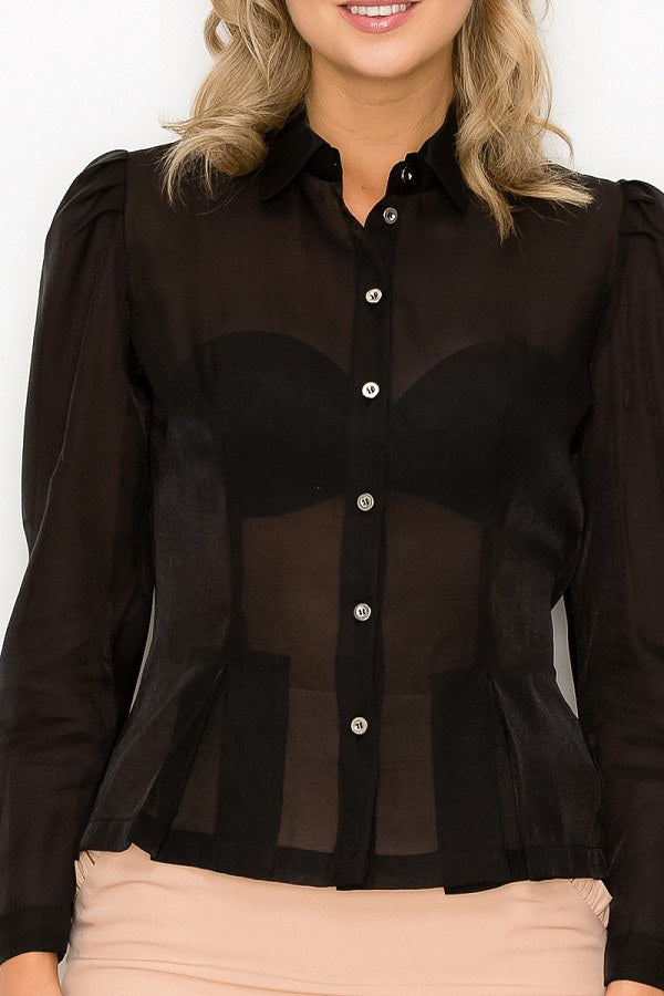 Organza Pleated Long Sleeve Blouse-52960a.S-Select Size: S, M, L-Love It Clothing