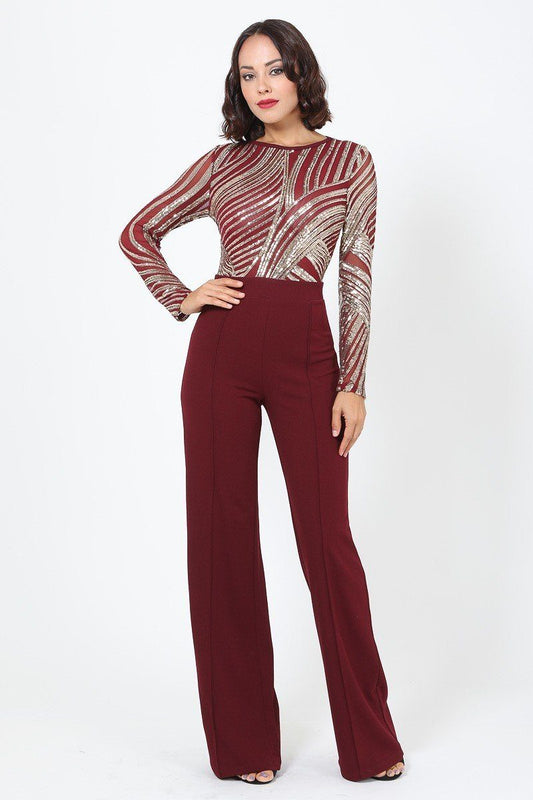 Sophisticated Gold Sequins Bodice Jumpsuit-53007a.S-Color: Wine/Gold-Love It Clothing