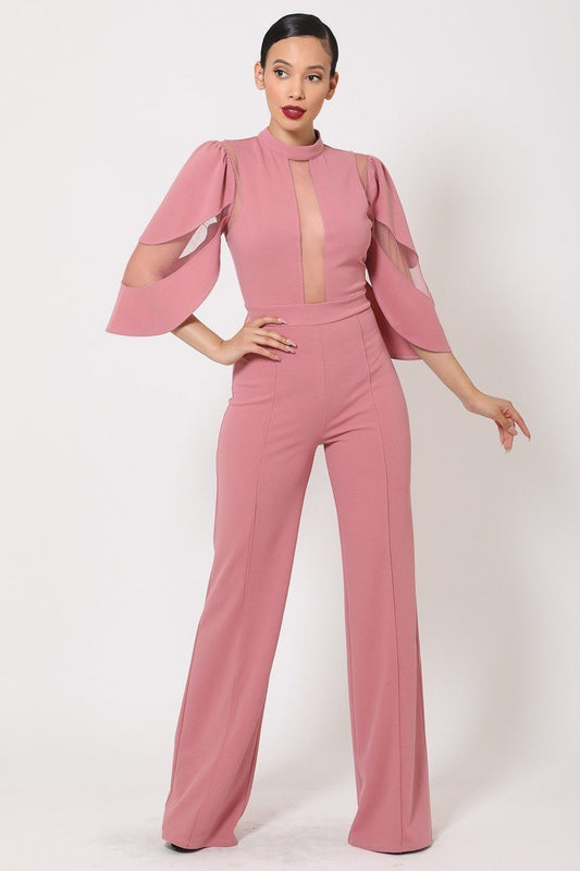 Semi Sheer Mesh Contrast Bodice Jumpsuit-53010b.S-Color: Mauve-Love It Clothing