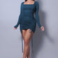 Sexy & Chic Long Sleeve Square Neck Ruching Tie Basic Dress-53091b.S-Select Size: S, M, L-Love It Clothing