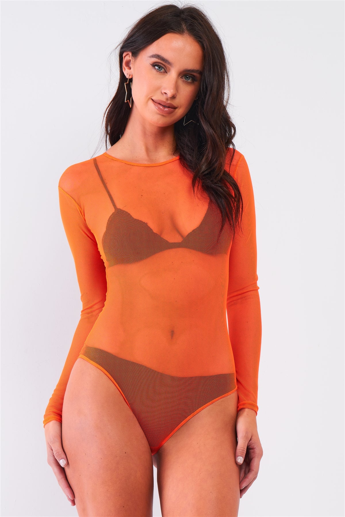 Sexy Fine Fishnet Sheer Mesh Crew Neck Long Sleeve Bodysuit-53095d.XS.S-Select Size: XS/S-Love It Clothing