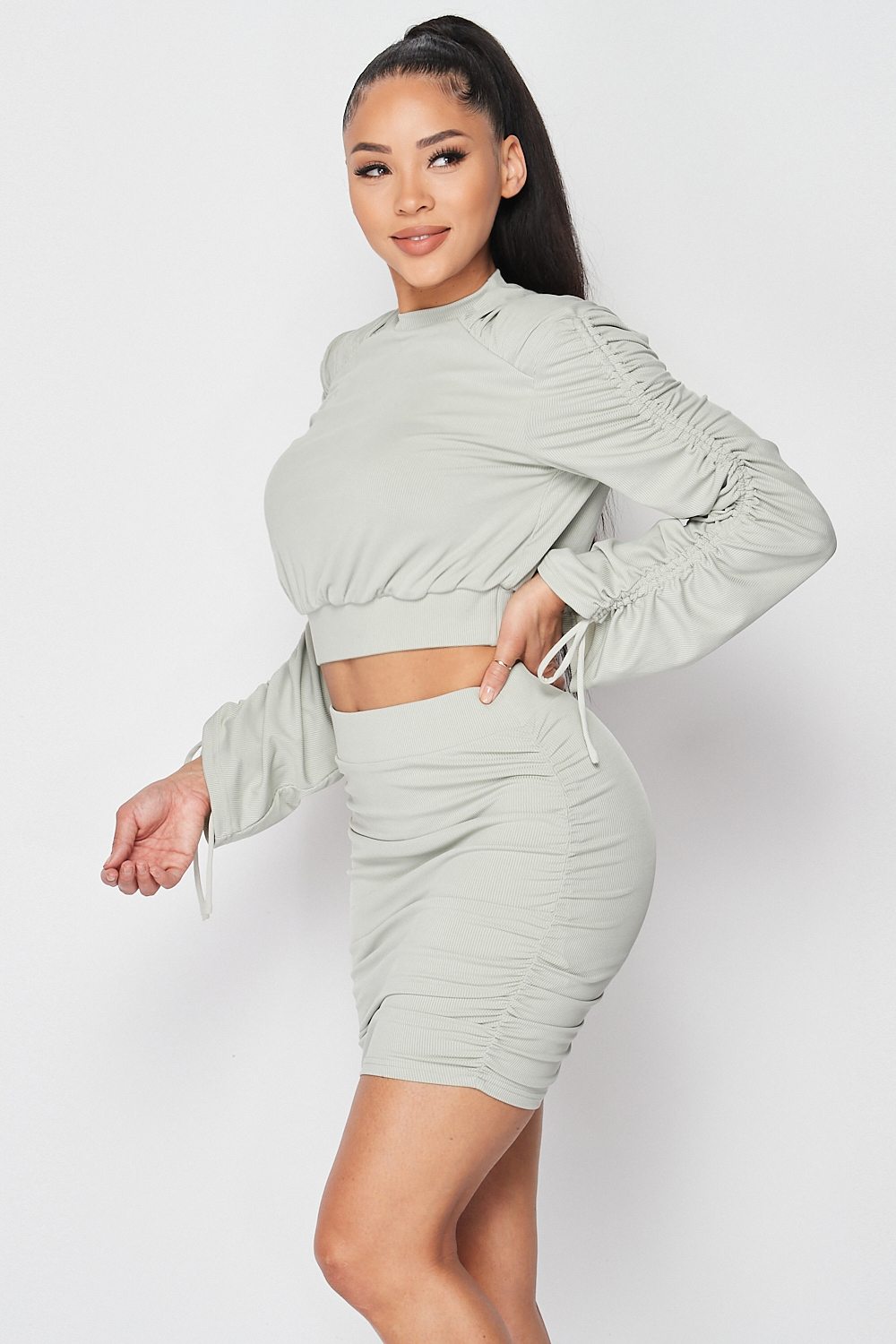 Ruched Long Sleeve And Skirt Set - Love It Clothing