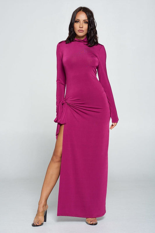 Side Tie Long Sleeve Dress-53456a.S-Color: Magenta-Love It Clothing