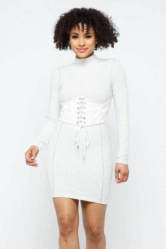 Mock Neck Long Sleeve Bodycon Mini W Bustier Detail And Stitching-54296.S-Color: White-Love It Clothing