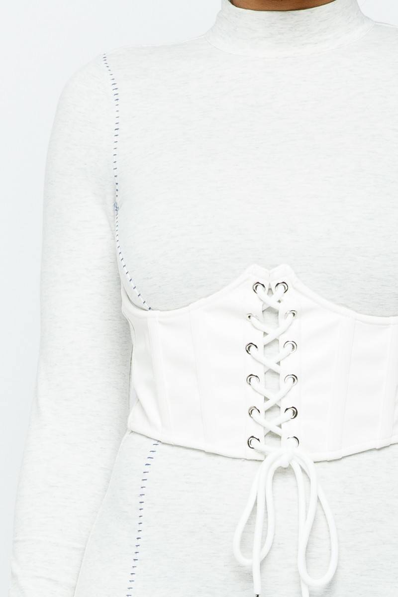 Mock Neck Long Sleeve Bodycon Mini W Bustier Detail And Stitching-54296.S-Color: White-Love It Clothing