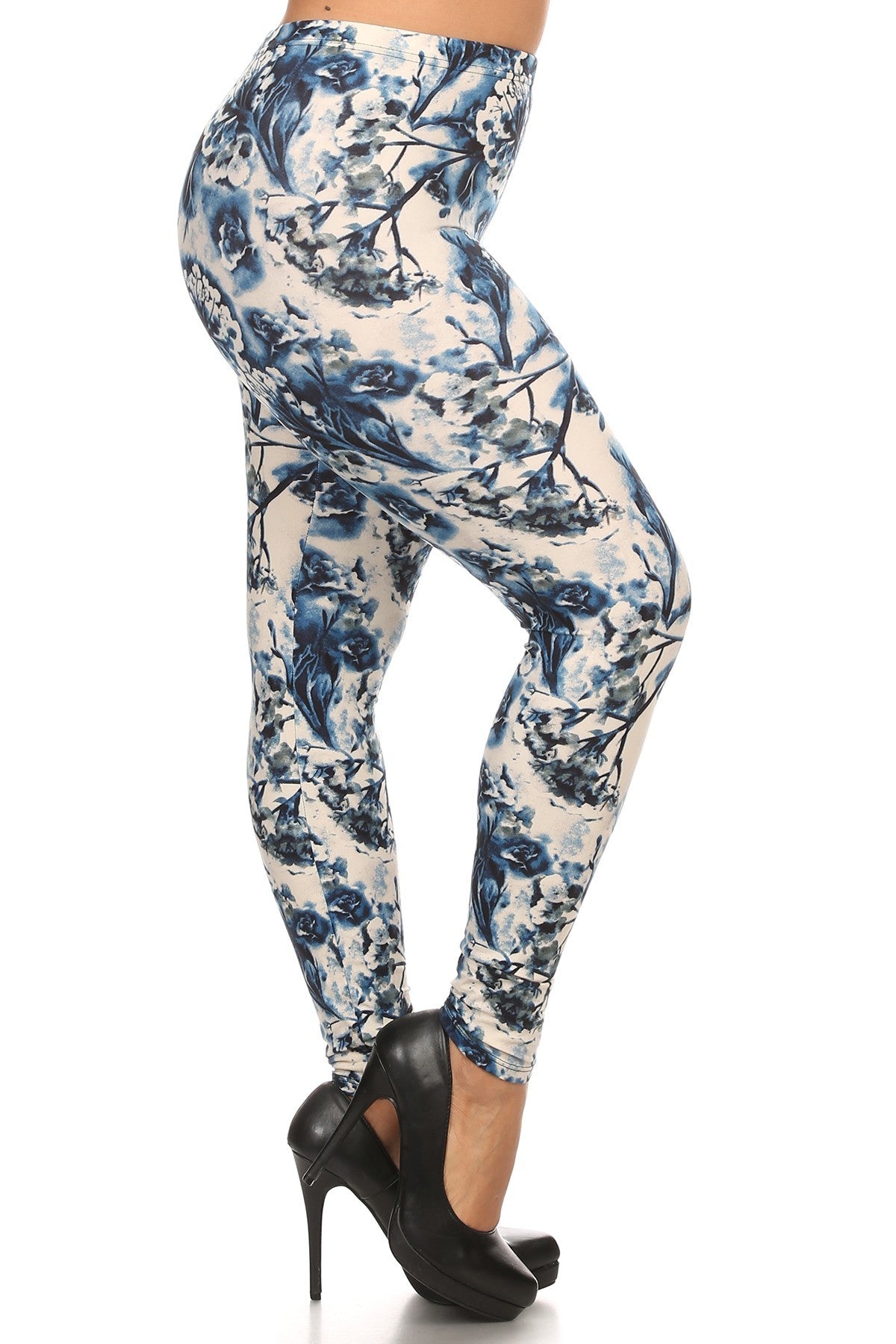 Plus Size Floral Print, Full Length Leggings In A Slim Fitting Style With A Banded High Waist - Love It Clothing