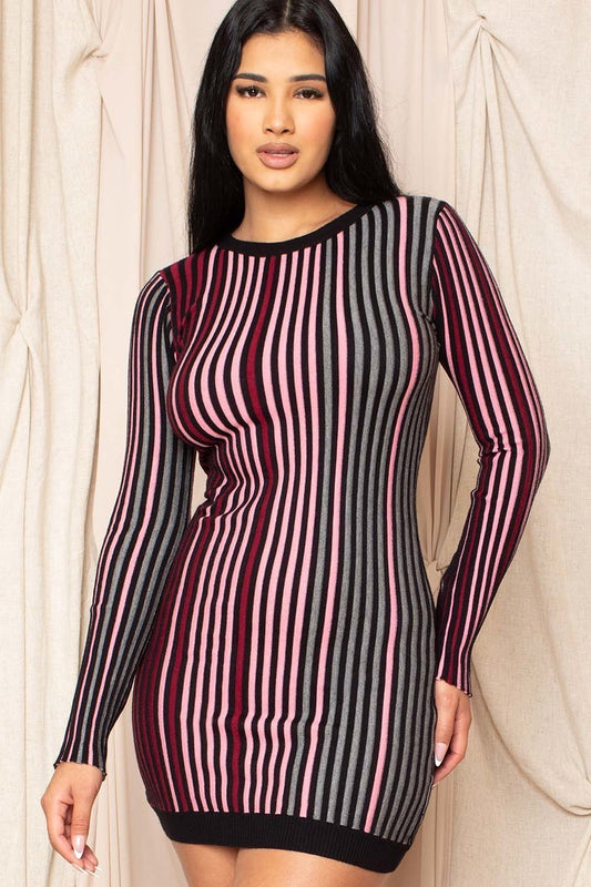 Multi-color Striped Ribbed Dress-54975.S--Love It Clothing