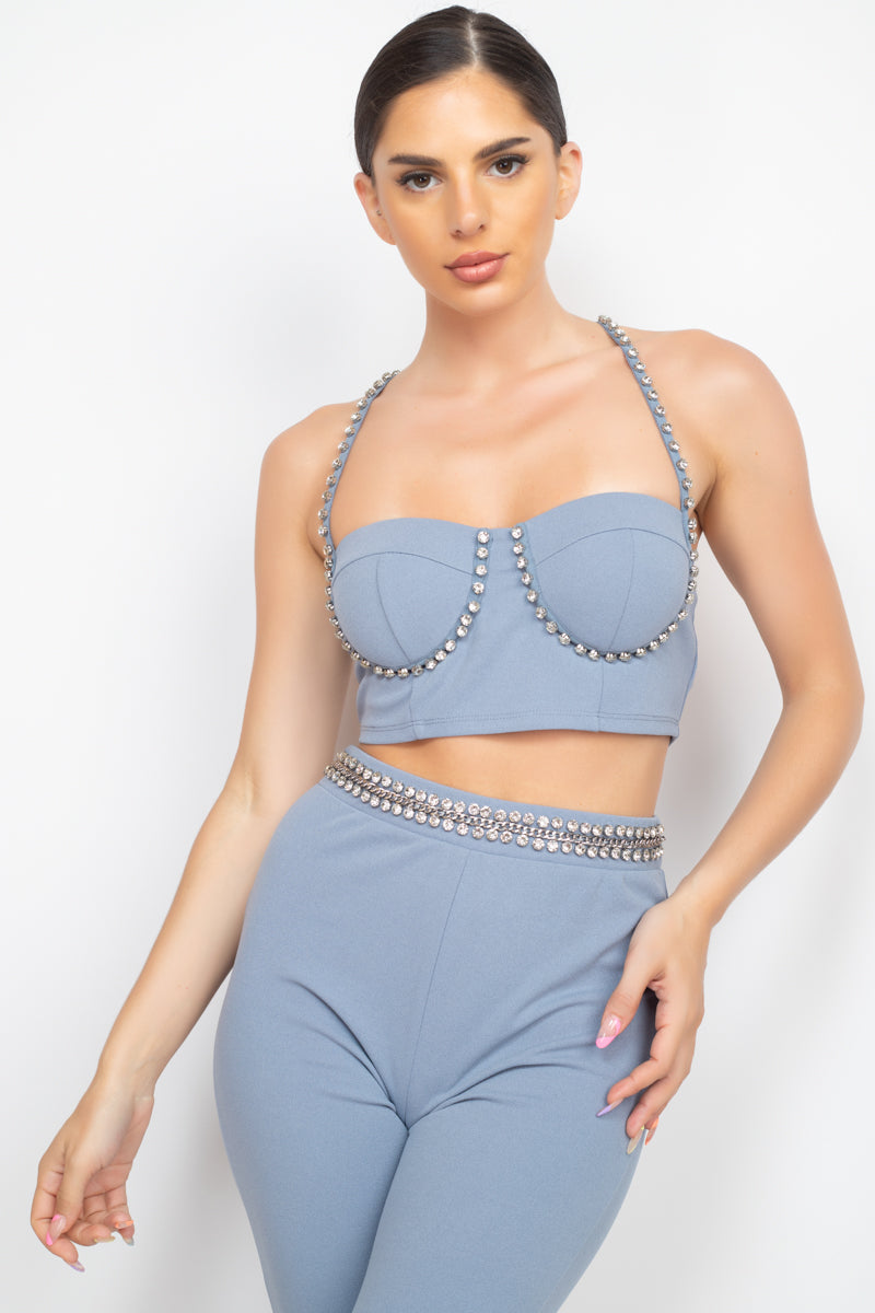 Stone Embellished Top And Pants Set - Love It Clothing