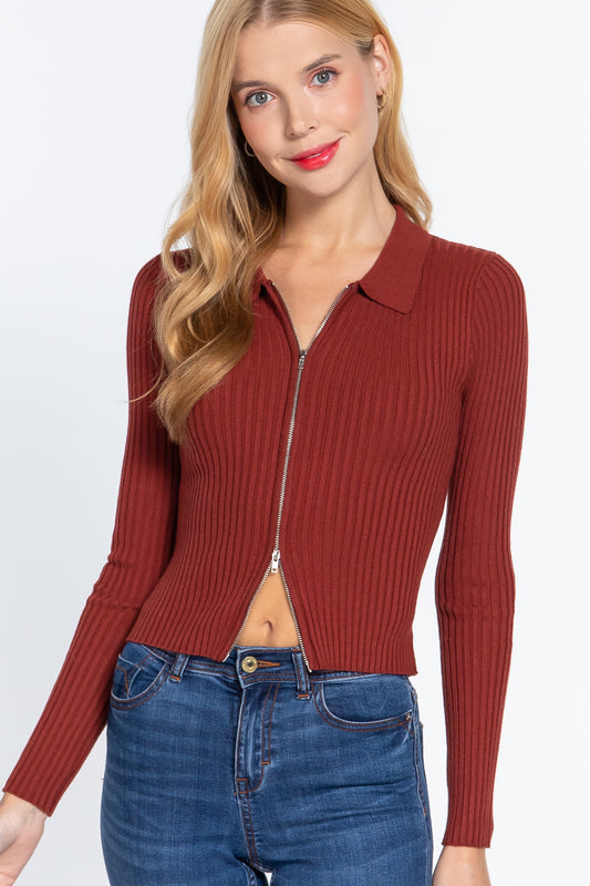 Notched Collar Zippered Sweater-55306.S--Love It Clothing