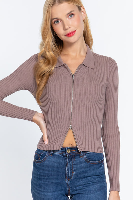 Notched Collar Zippered Sweater-55306c.S--Love It Clothing