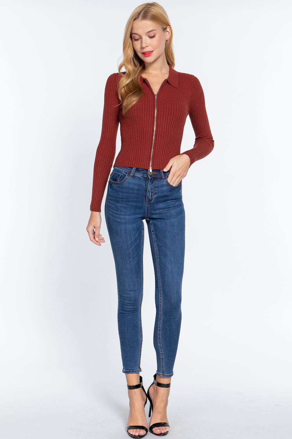 Notched Collar Zippered Sweater - Love It Clothing