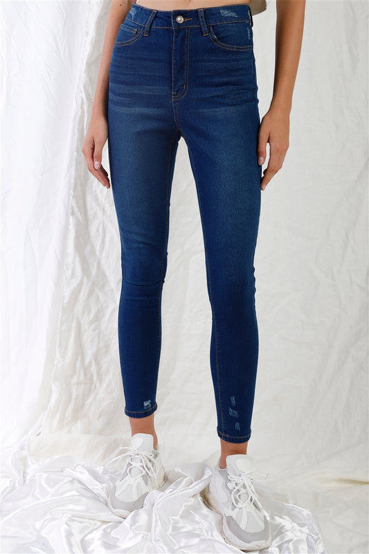 Dark Blue High-waisted With Rips Skinny Denim Jeans-55369.5--Love It Clothing