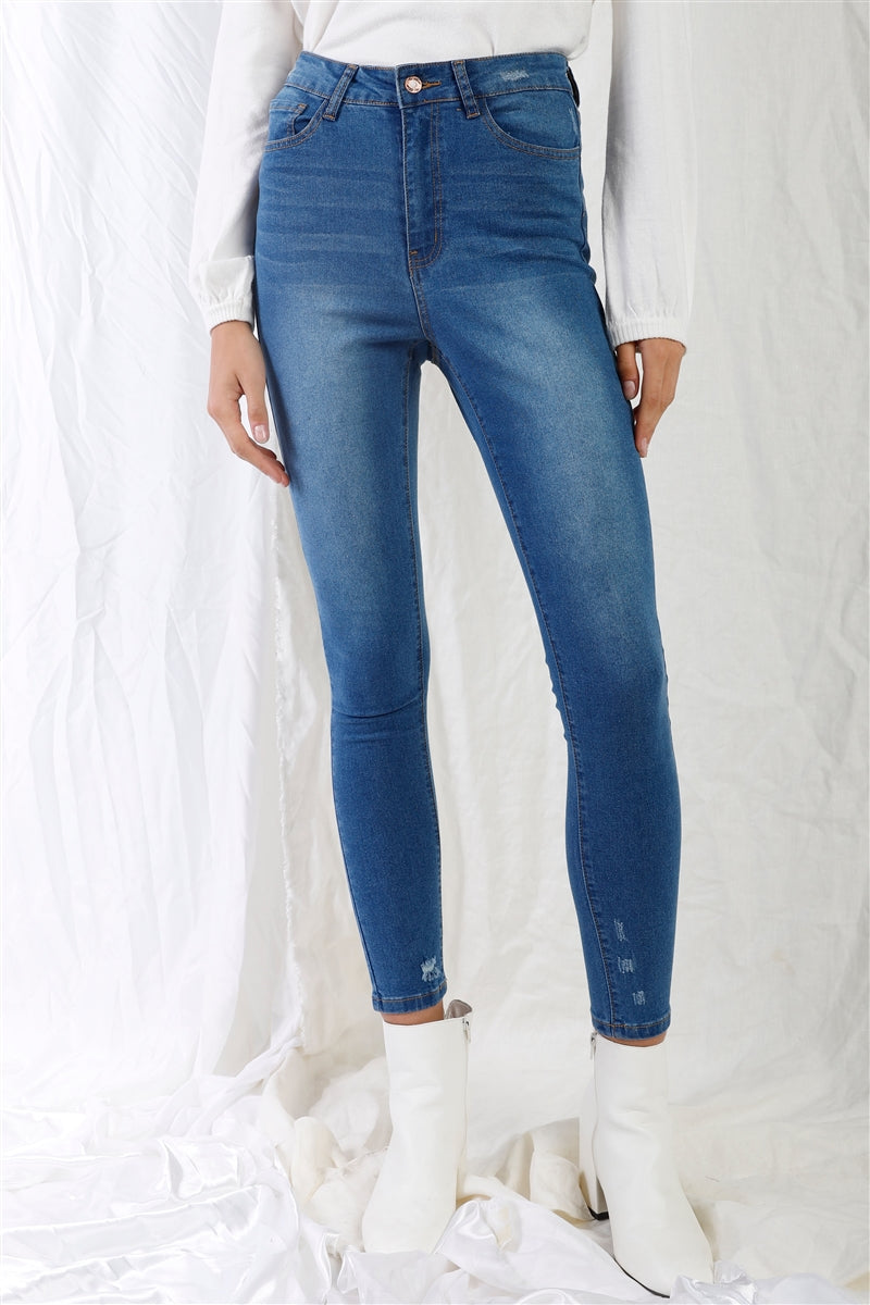 Mid Blue High-waisted With Rips Skinny Denim Jeans - Love It Clothing