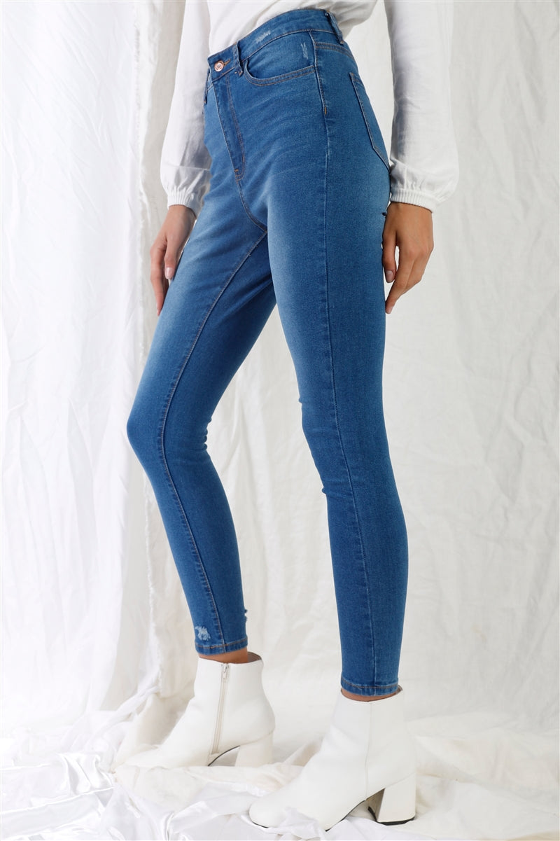 Mid Blue High-waisted With Rips Skinny Denim Jeans-55370.5--Love It Clothing