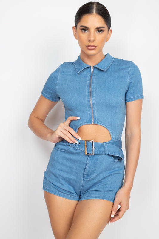 Belted Zip-up Denim Romper-55380b.S-Select Size: S-Love It Clothing