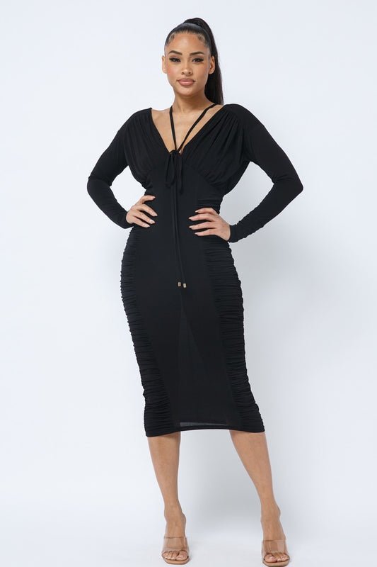 Long Sleeve Midi Dress With Low V Neck Front And Back With Ruching On Sides And Chest-55569.S--Love It Clothing