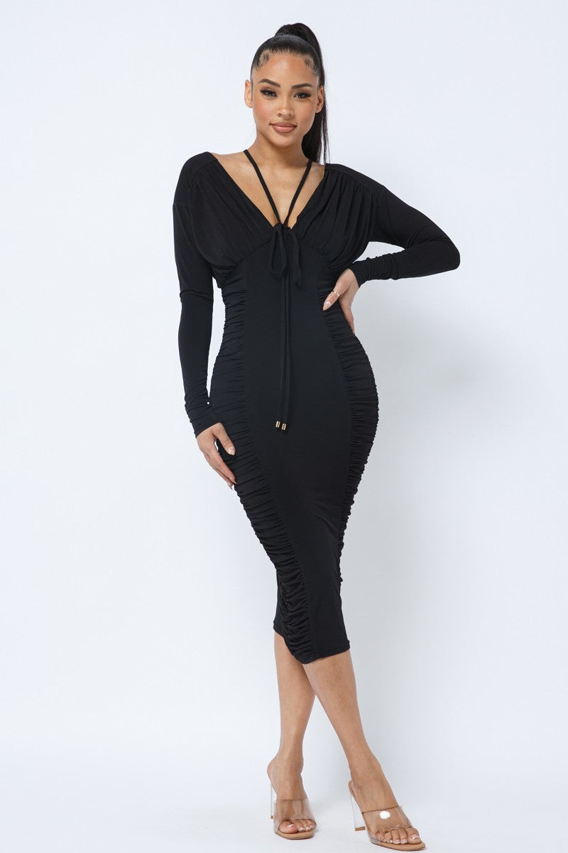 Long Sleeve Midi Dress With Low V Neck Front And Back With Ruching On Sides And Chest-55569.S--Love It Clothing