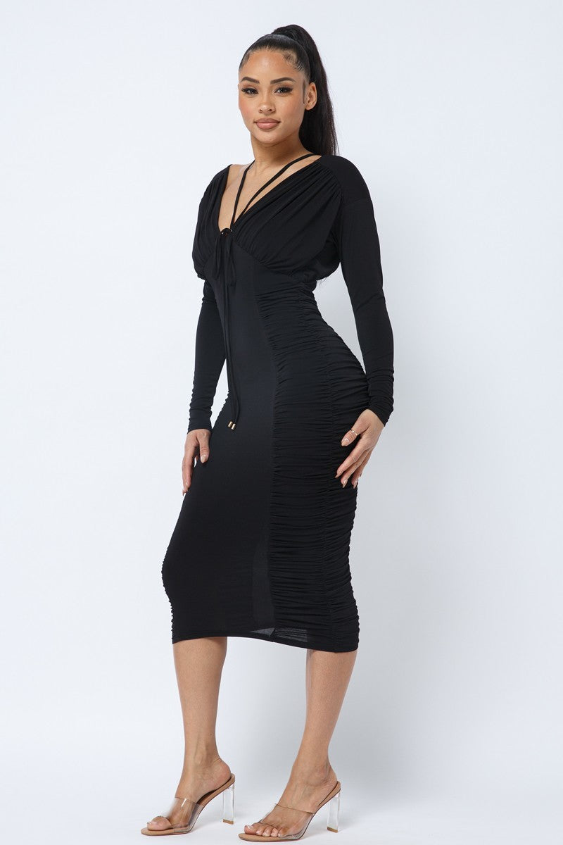 Long Sleeve Midi Dress With Low V Neck Front And Back With Ruching On Sides And Chest-55569.S--Love It Clothing