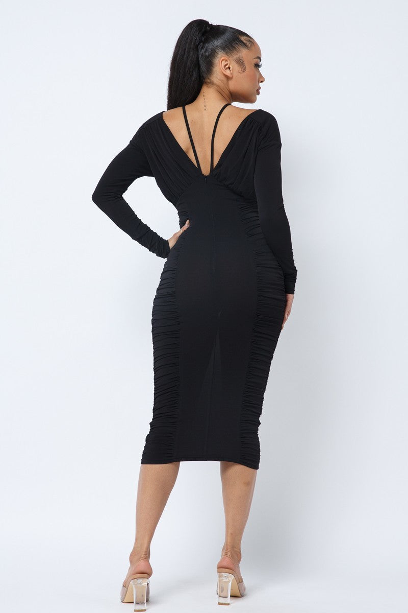 Long Sleeve Midi Dress With Low V Neck Front And Back With Ruching On Sides And Chest-55569.S--Love It Clothing