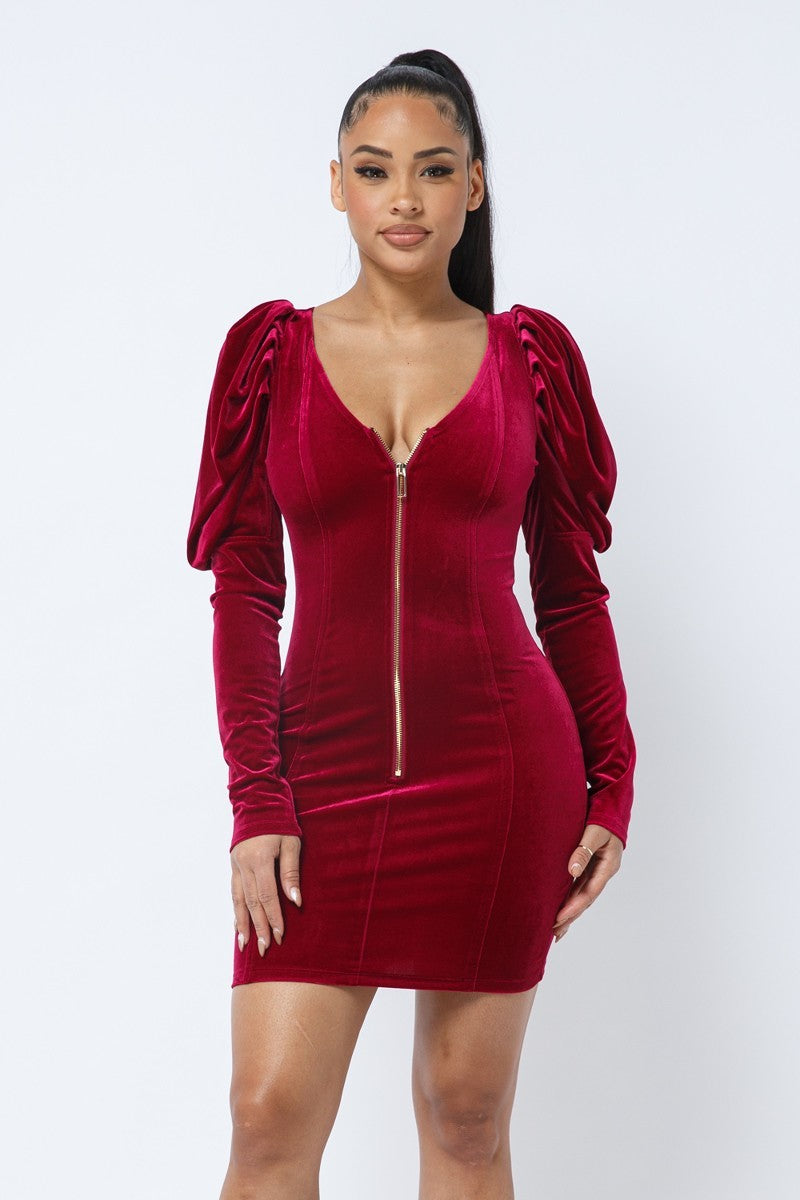 Soft Velvet Pleated Puff Sleeve Low V Neck Front And Back Mini Dress-55574.S-Select Size: S-Love It Clothing