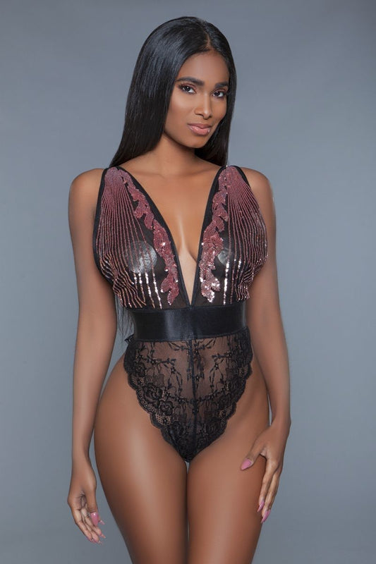 1 Pc. Cut-out Lace Bottoms With Raspberry-pink Sequins Plunging Sheer Neckline-55774.S--Love It Clothing