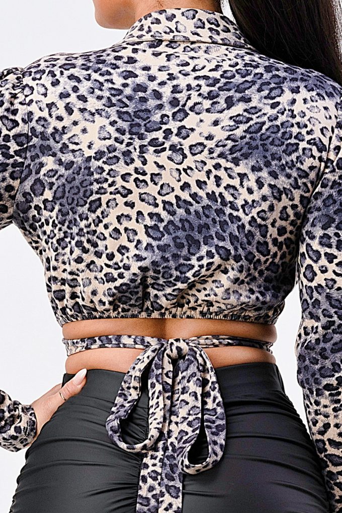 Sexy Animal Print Collared Back-tie Wrap Top - Love It Clothing
