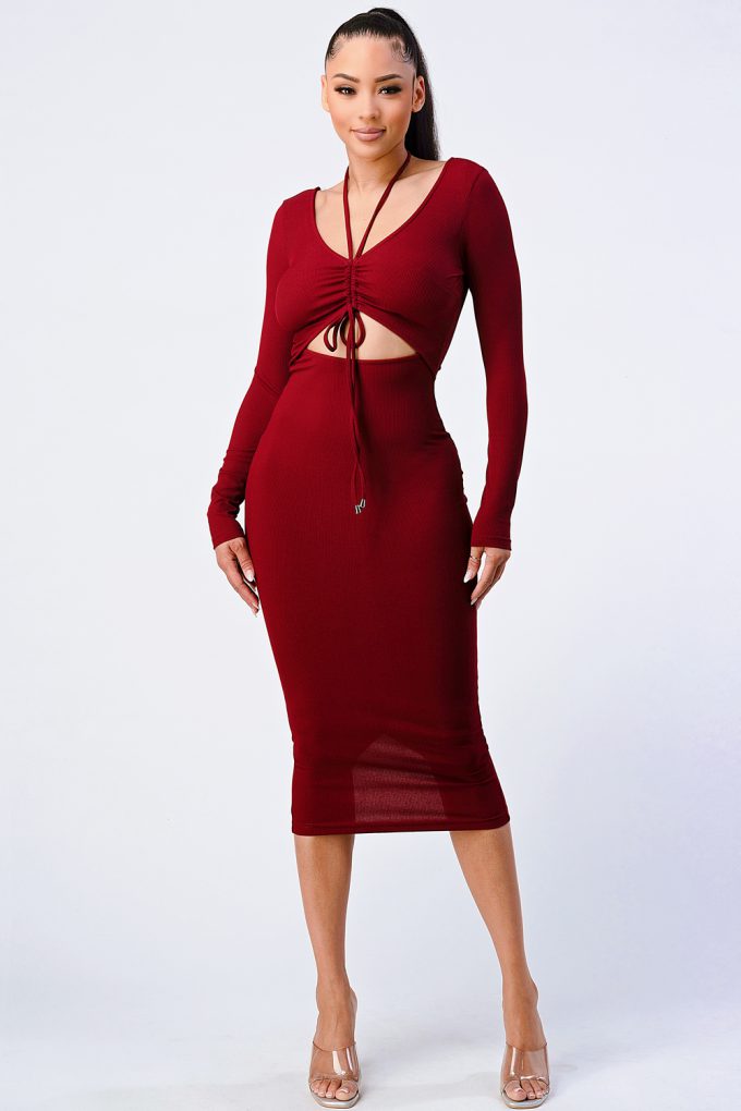 Trendy Front Shirring Cut-out Long Sleeved Dress-55873a.S-Select Size: S-Love It Clothing