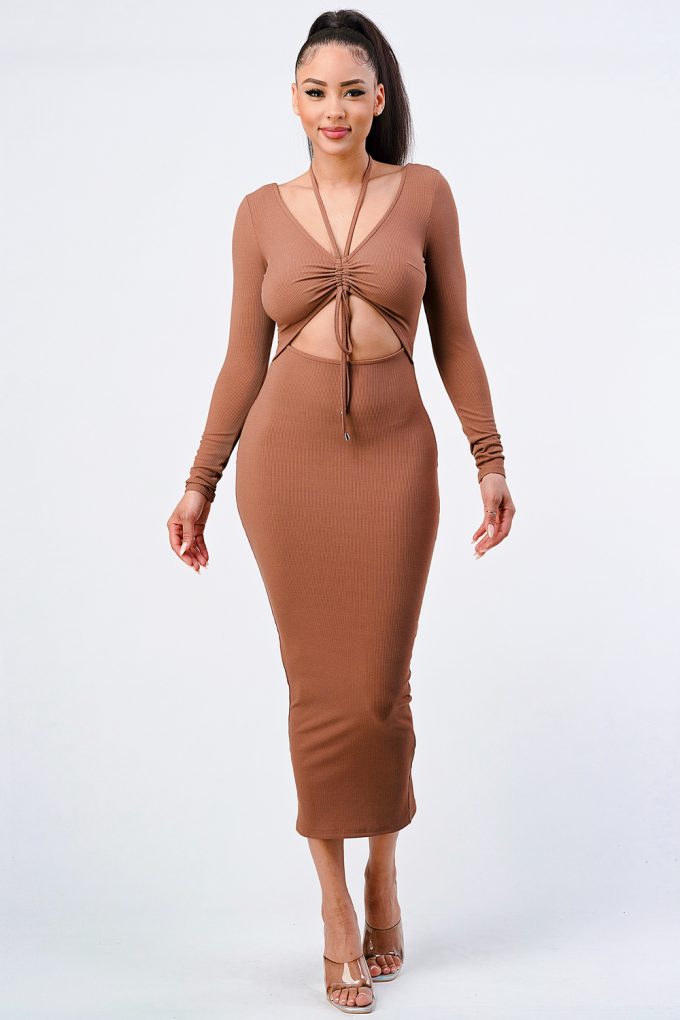 Trendy Front Shirring Cut-out Long Sleeved Dress-55873.S-Select Size: S, M, L-Love It Clothing