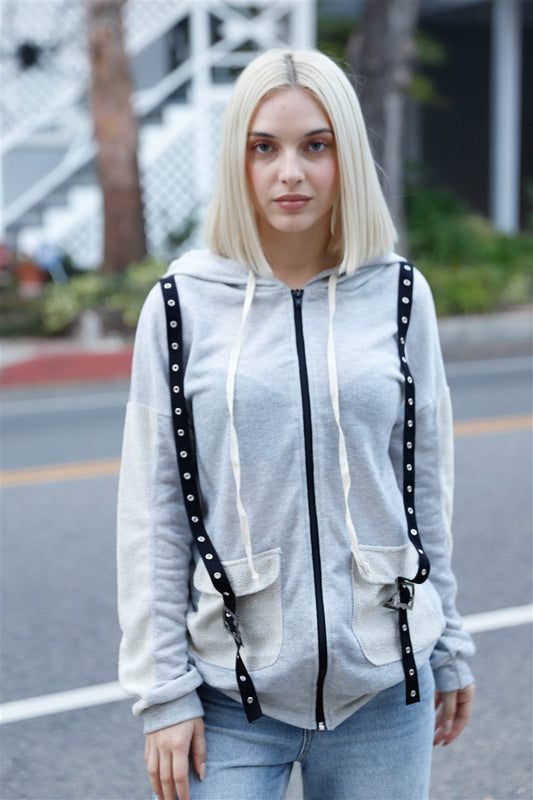 Belt & Reversed Details Zip-up Hooded Sweater-55900a.L--Love It Clothing