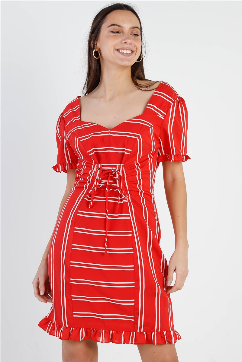 Red Stripe Lace Up Front Detail Ruffle Trim Balloon Sleeve Dress - Love It Clothing