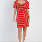 Red Stripe Lace Up Front Detail Ruffle Trim Balloon Sleeve Dress - Love It Clothing