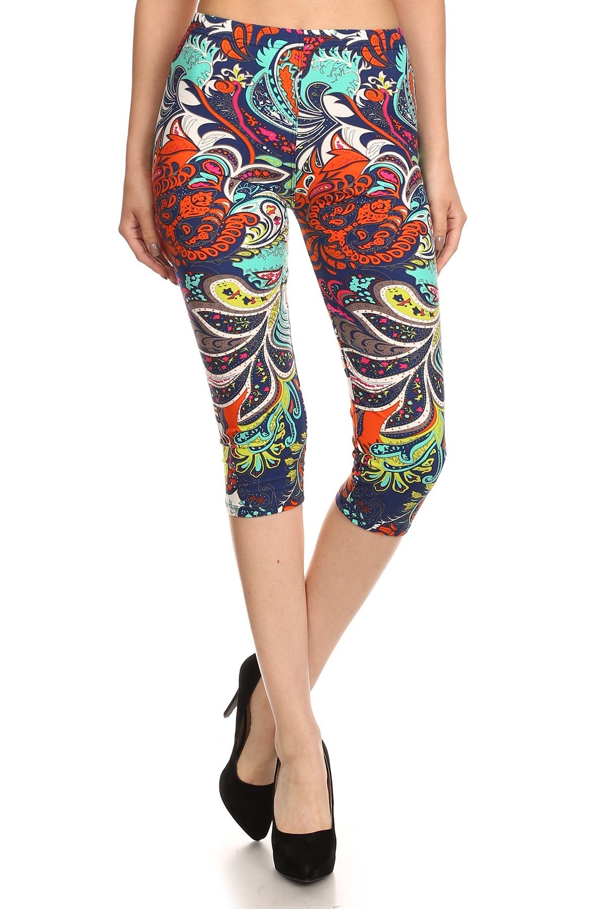 Multi-color Ornate Print Cropped Length Fitted Leggings With High Elastic Waist.-56149.Multi--Love It Clothing