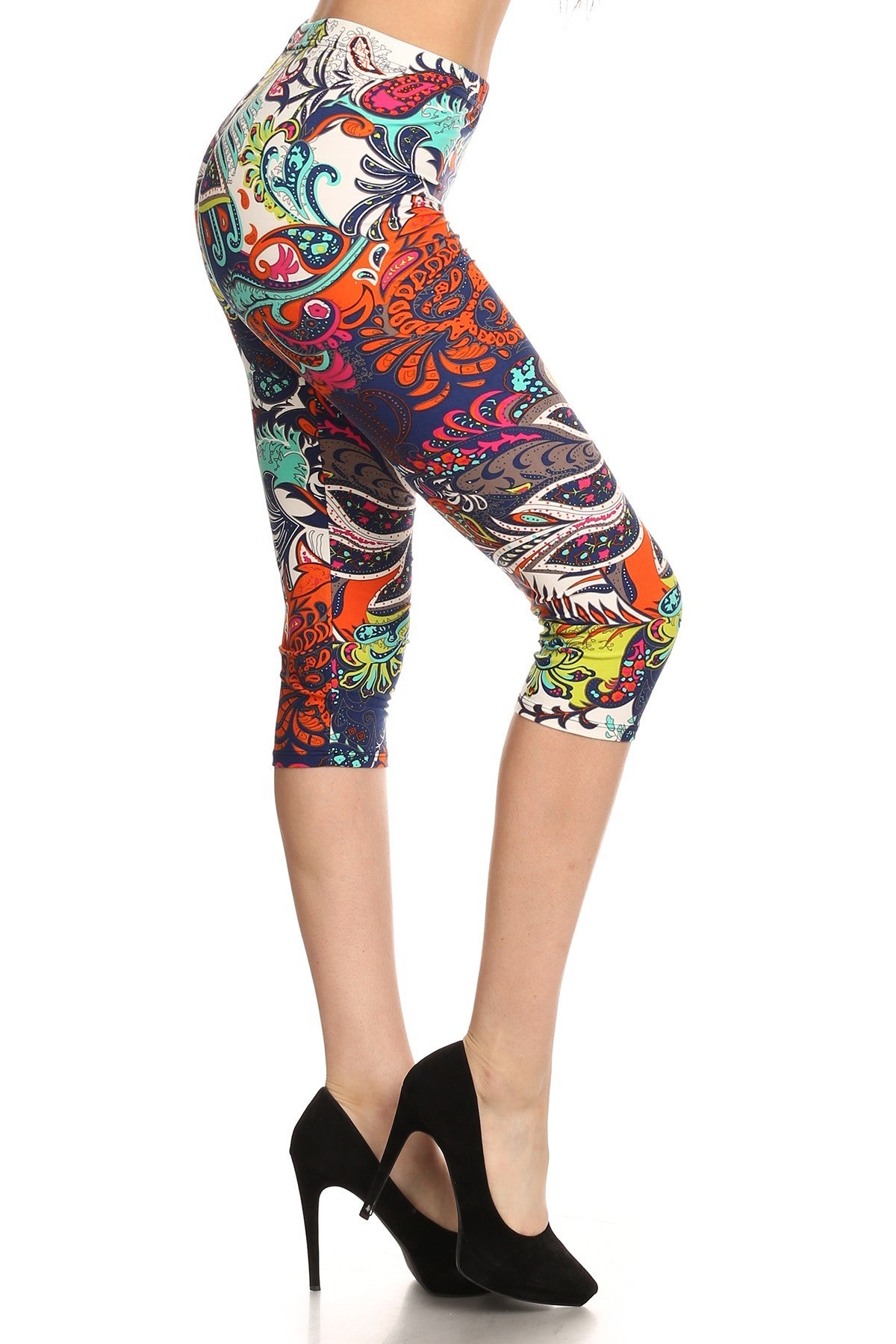 Multi-color Ornate Print Cropped Length Fitted Leggings With High Elastic Waist.-56149.Multi--Love It Clothing